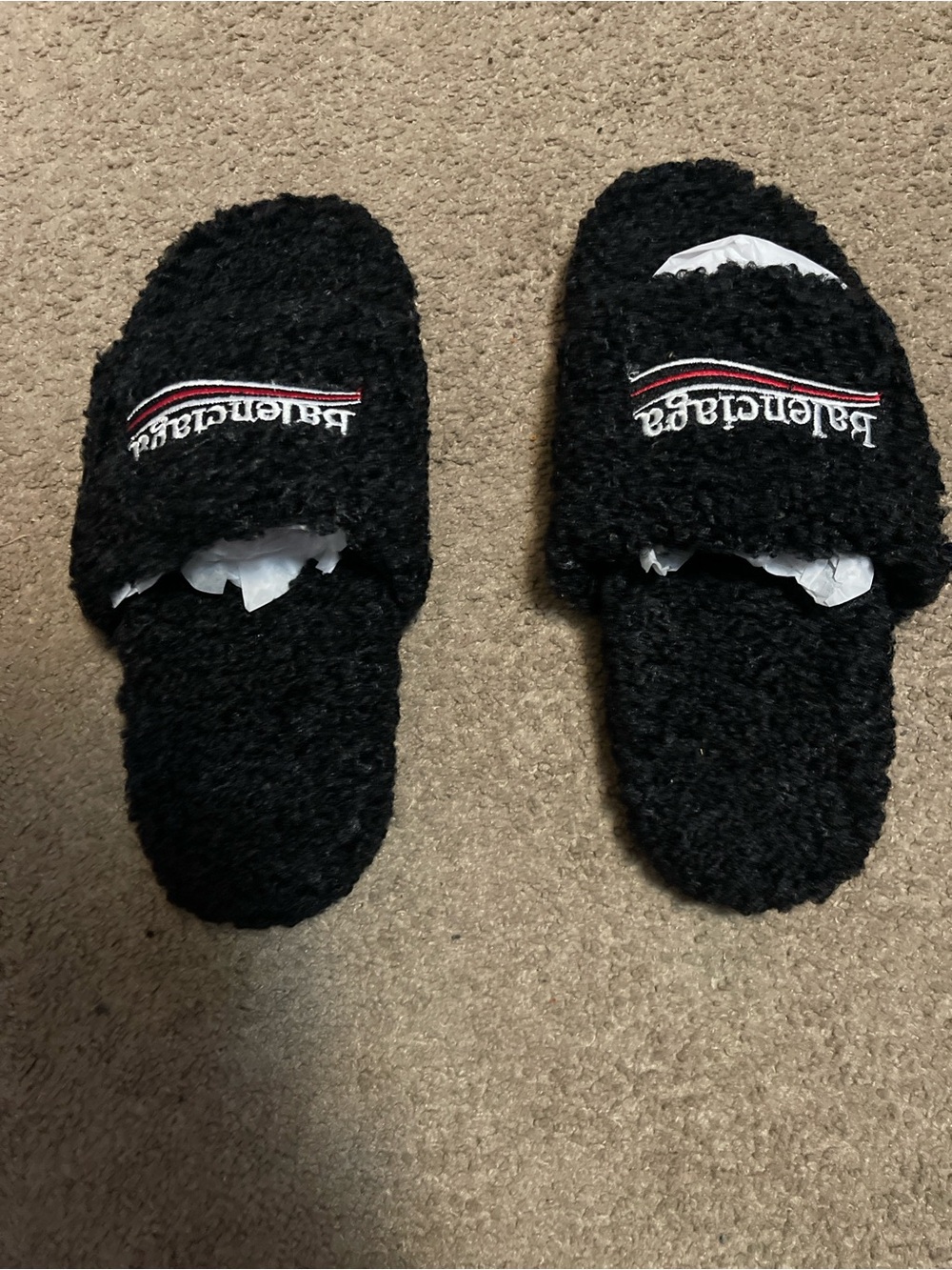 Balenciaga Black Faux-Shearling Slide Sandals with Red & White Stripe Logo